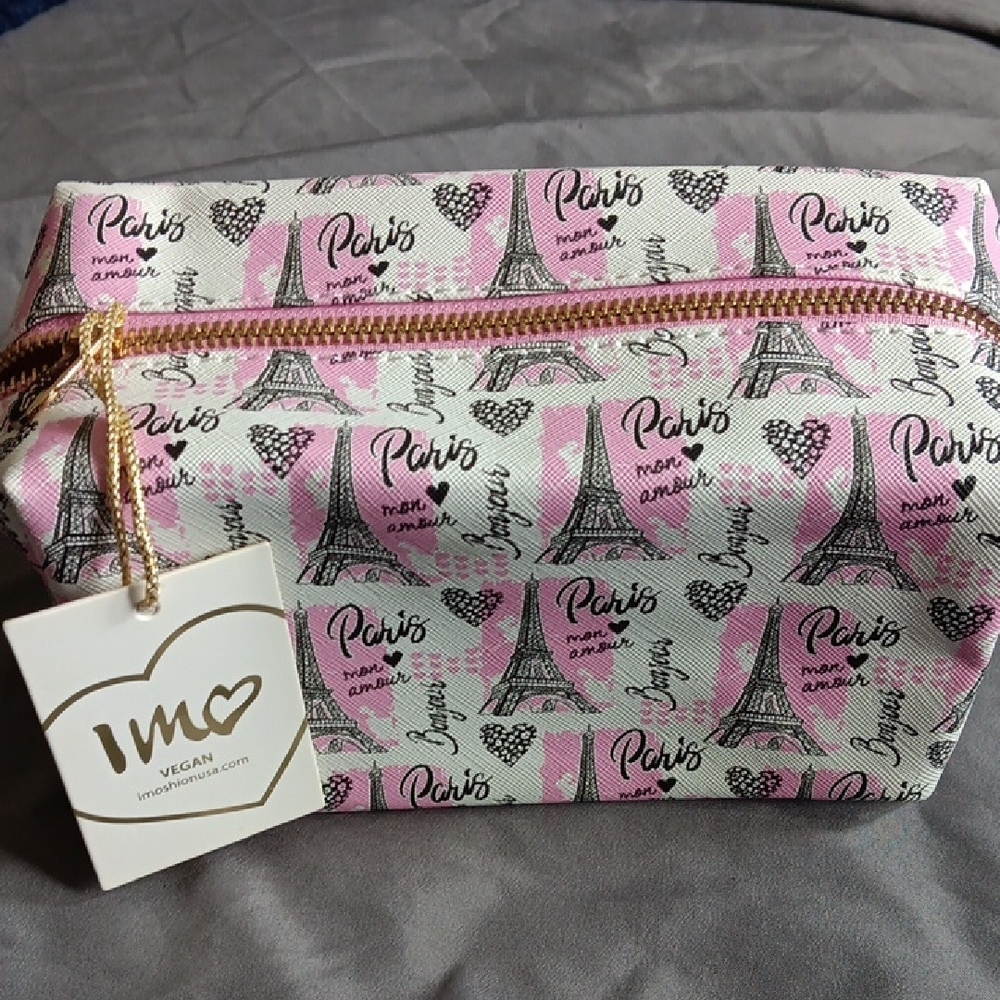 Vegan Paris Print Pink and White Cosmetic Bag